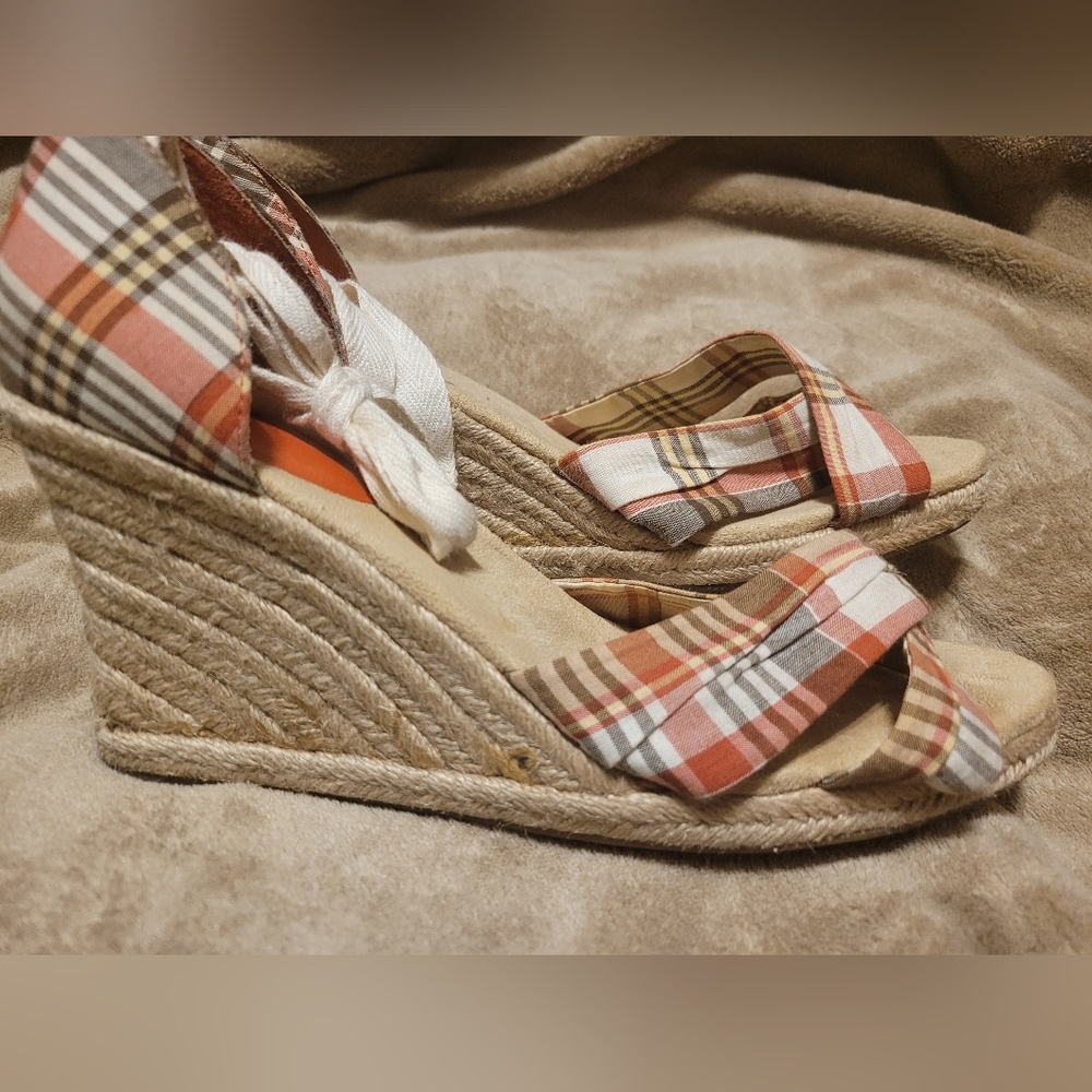 Ann Taylor LOFT Plaid Tie Up Wedge Sandals 8 (Rust/Gray)